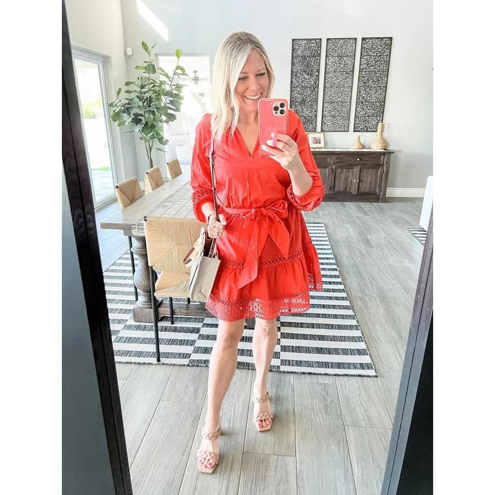 Evereve Juliana‎ Boho Women’s XS Belted Red Embroidered Lace Ruffle Mini Dress